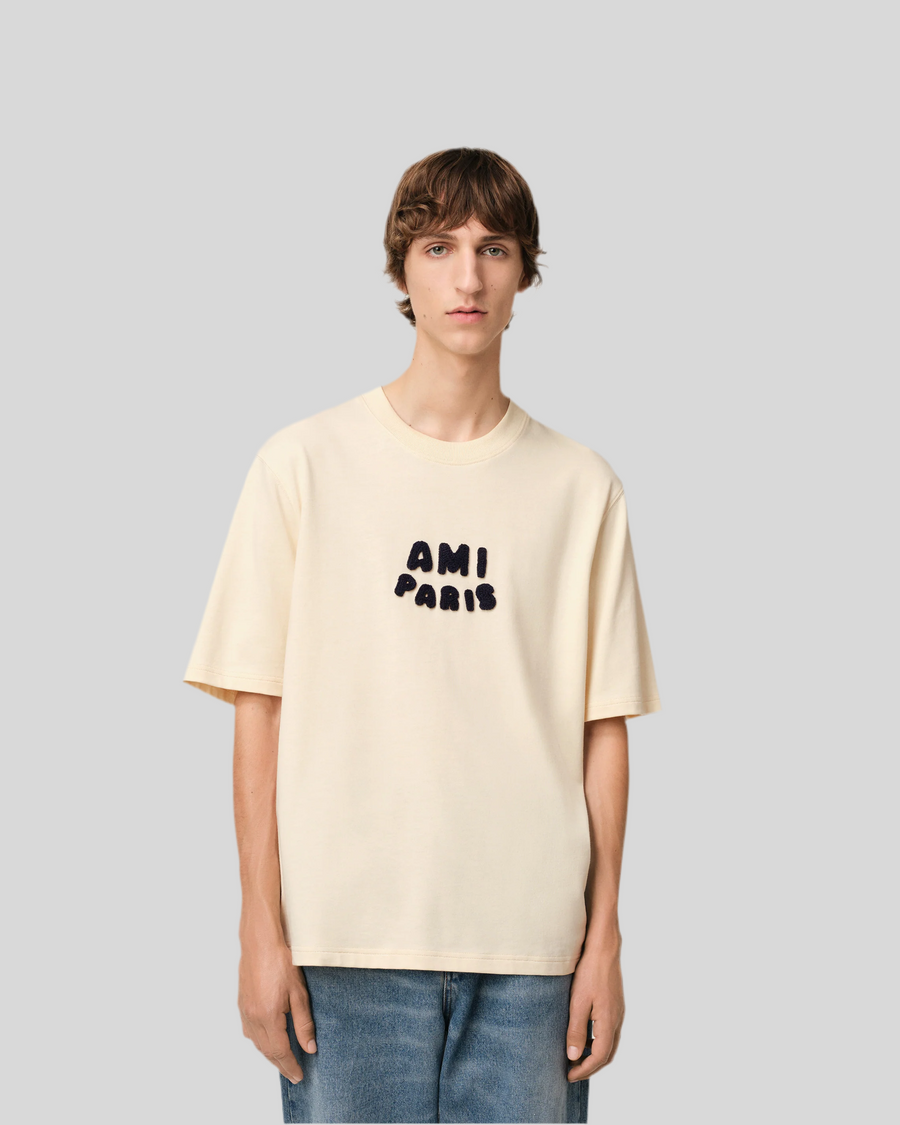 BEIGE COTTON AMI PARIS PATCH T-SHIRT