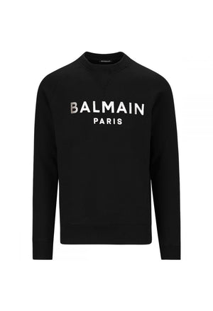 Black cotton sweatshirt with silver Balmain logo print