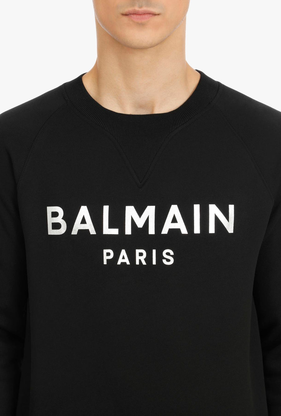 Black cotton sweatshirt with silver Balmain logo print